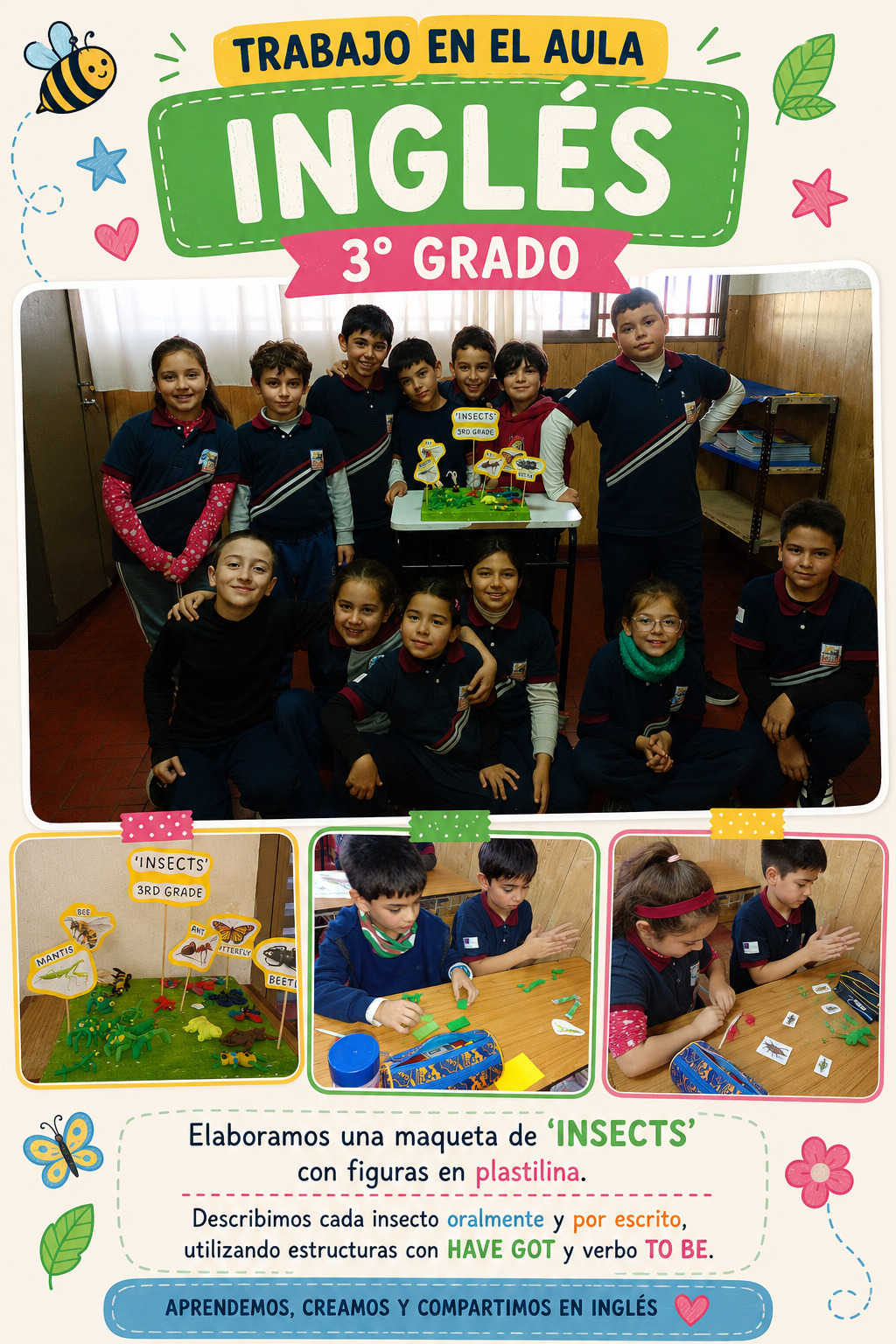 Muestra de banderas creadas de forma artesanal por los alumnos del nivel inicial y primario colgadas en el establecimiento.