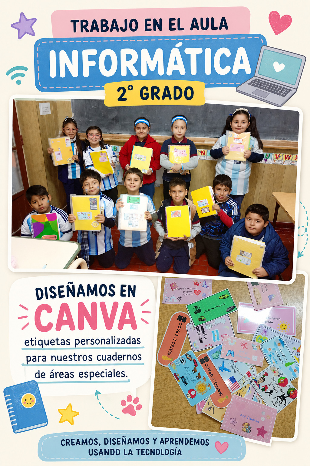 Comunidad educativa reunida cantando y celebrando con decoraciones festivas patrias argentinas.